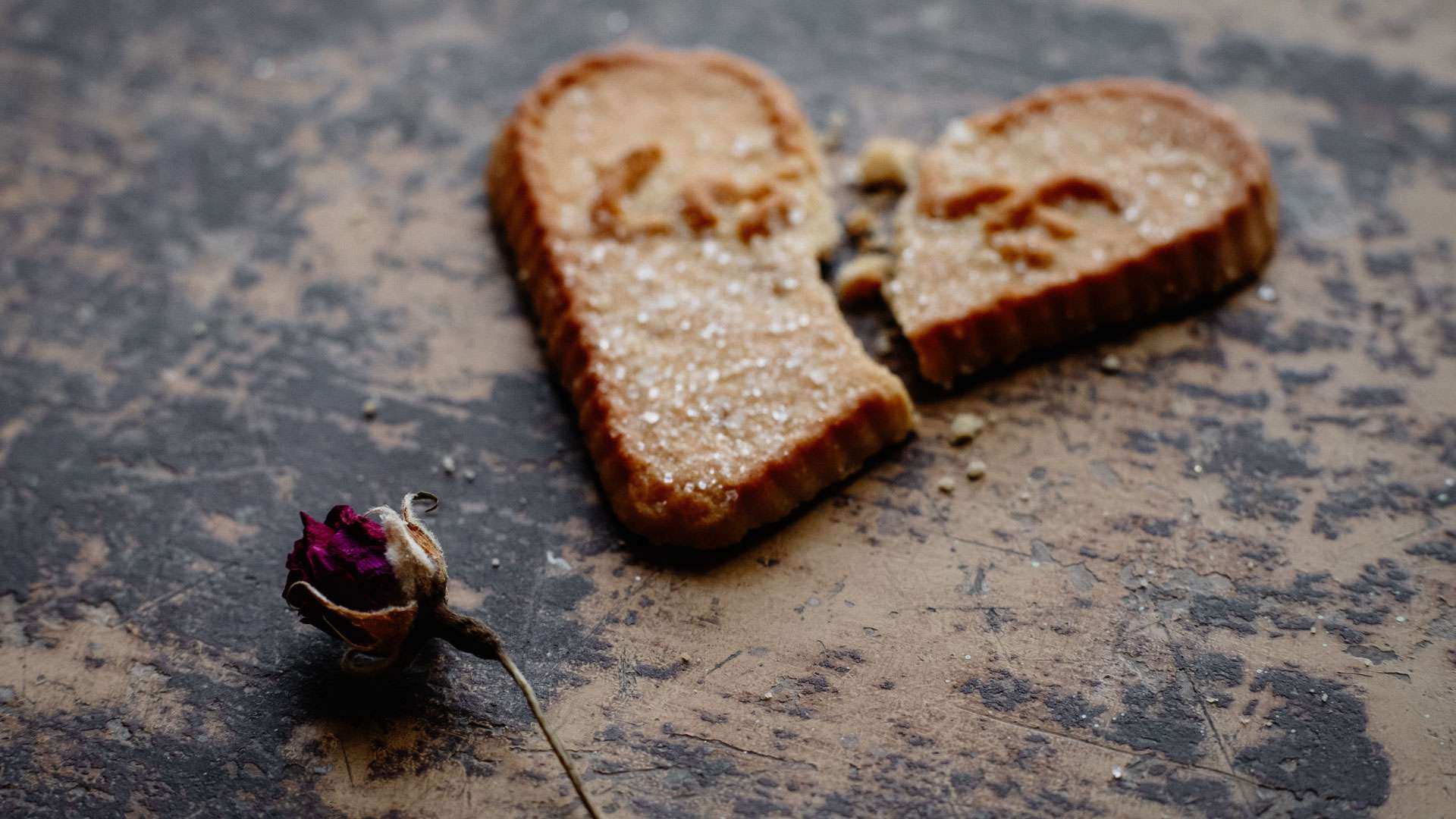 Una galleta en forma de corazón partida por la mitad descansa sobre una superficie texturizada, simbolizando la pérdida, tal vez reflejando el dolor de una terrassa divorciada. Cerca, brillan cristales de azúcar y una pequeña rosa roja seca descansa delicadamente. Una galleta en forma de corazón partida por la mitad descansa sobre una superficie texturizada, simbolizando la pérdida, tal vez reflejando el dolor de una terrassa divorciada. Cerca, brillan cristales de azúcar y una pequeña rosa roja seca descansa delicadamente.