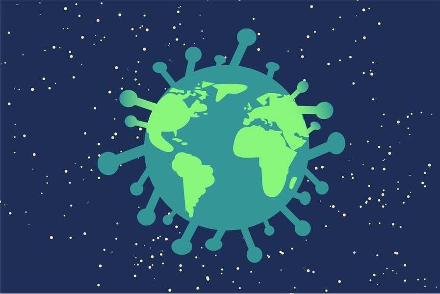 Una ilustración estilizada de la Tierra combinada con la forma de un virus, sobre un fondo azul oscuro con puntos blancos que representan estrellas.
