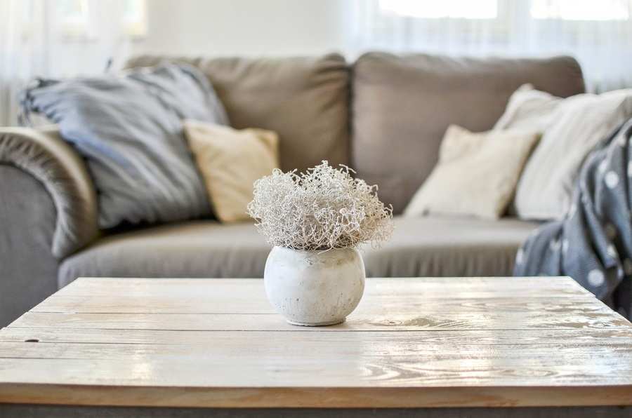 Un pequeño jarrón blanco con follaje seco de color claro descansa sobre una mesa de centro de madera en esta vivienda familiar. Al fondo se ve un sofá beige con varios cojines y una manta, todo ello cálidamente iluminado por la luz natural. Un pequeño jarrón blanco con follaje seco de color claro descansa sobre una mesa de centro de madera en esta vivienda familiar. Al fondo se ve un sofá beige con varios cojines y una manta, todo ello cálidamente iluminado por la luz natural.