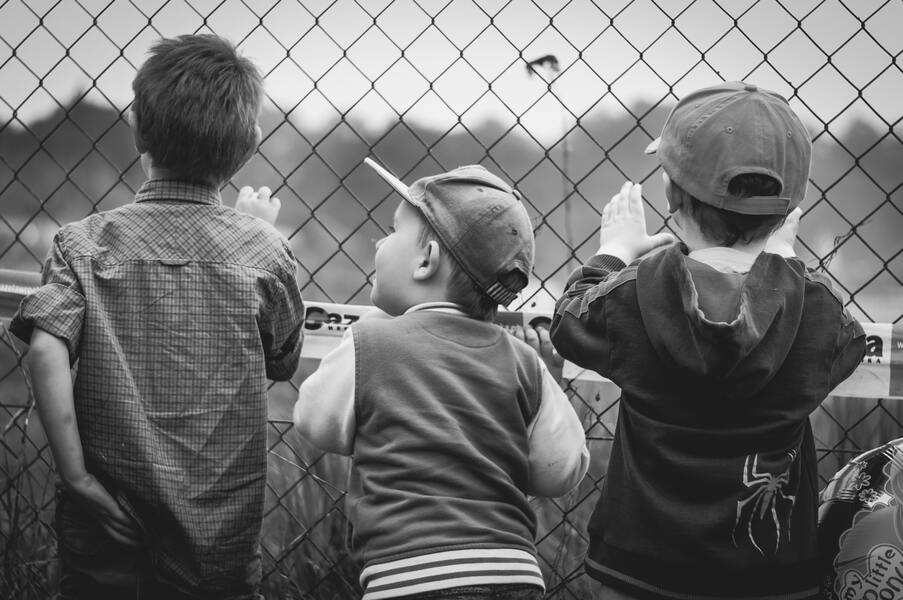 Tres niños están de espaldas a la cámara, mirando a través de una valla metálica al aire libre. Su cándido momento en blanco y negro capta la curiosidad que un Coordinador Parental podría observar durante las reuniones familiares.