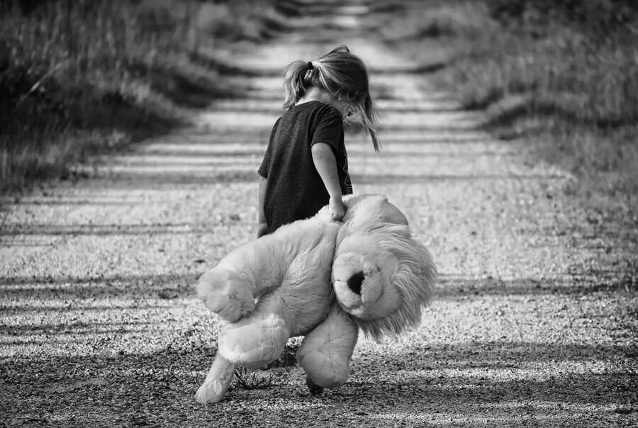 Un niño de pelo largo hasta los hombros camina por un camino de grava sujetando un gran animal de peluche por la pata. La foto en blanco y negro, que evoca temas de adopción, muestra al niño de espaldas a la cámara.