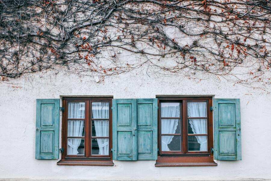 Dos ventanas de madera con contraventanas verdes, que recuerdan a un poder preventivo clásico, se insertan en una pared blanca. Los postigos abiertos dejan ver cortinas blancas transparentes en el interior, mientras que por encima de las ventanas cuelgan enredaderas secas con hojas dispersas.