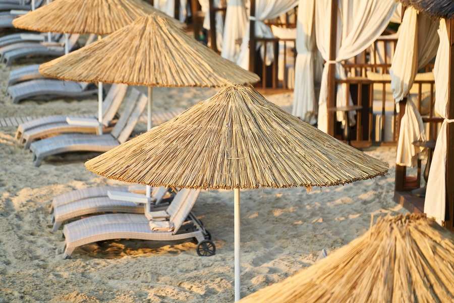 Hileras de tumbonas de madera se sientan bajo sombrillas de playa de paja sobre un suelo arenoso, evocando una escapada perfecta… a menos que tu jefe decida denegar las vacaciones. Cabañas de tela blanca y estructuras de madera completan la idílica escena del fondo. Hileras de tumbonas de madera se sientan bajo sombrillas de playa de paja sobre un suelo arenoso, evocando una escapada perfecta... a menos que tu jefe decida denegar las vacaciones. Cabañas de tela blanca y estructuras de madera completan la idílica escena del fondo.