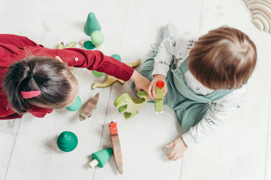 Dos niños pequeños están sentados en un suelo de color claro jugando con juguetes de madera de animales y árboles. Uno de los niños viste de rojo y el otro lleva una camisa gris con un mono azul. Varias piezas de juguetes verdes y marrones están esparcidas a su alrededor.